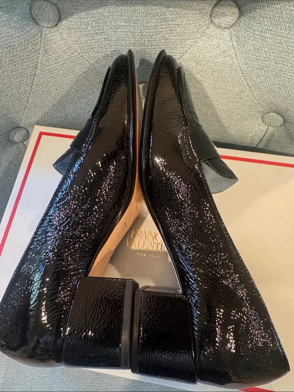 Frances Valentine Black crinkle soft Patent Loafers Gold FV Logo-Twiggy Loafer - Picture 4 of 11